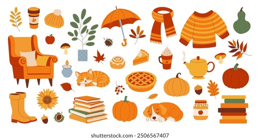 A collection of autumn-themed items, including a cat, a dog, a chair, a book, a pumpkin, a pie, a cup, a cupcake, a book, a blanket, a cup, a book, a chair, a