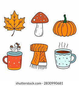 A collection of autumn-themed items including a leaf, mushroom, pumpkin, scarf, and warm beverages, perfect for fall season imagery.
