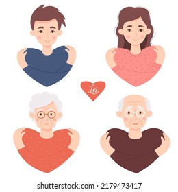 Collection Avatar character of cute people in love. A young guy and girl with long hair and couple of elderly people, an old woman and pensioner. Vector illustration