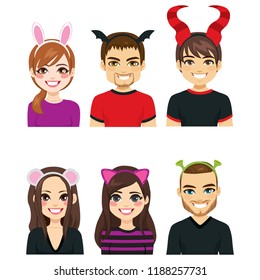 Collection of avatar people wearing funny Halloween headbands