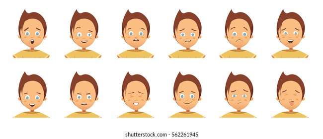 Collection of avatars with child emotions including surprise happiness hurt laugh anger cartoon style isolated vector illustration