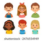 Collection avatars of children. Cute faces of different nationalities boys and girls. Vector illustration