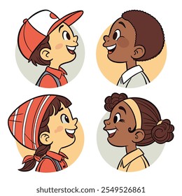 Avatares de coleção de crianças. Rostos bonitos de diferentes nacionalidades meninos e meninas. Ilustração vetorial