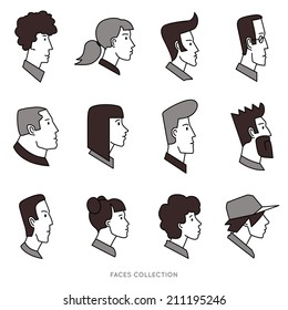 Collection of avatars with different human heads. Vector icons set, outline with fill. Logo templates.