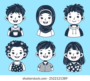 Collection of avatars featuring cheerful children outline. Cute faces of different nationalities boys and girls. Vector illustration