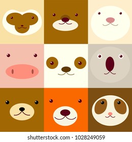 Collection of avatars icons with faces of cute animals. Vector icons set in flat style. EPS8