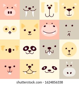 Colección de iconos de avatares con caras de animales lindos. Iconos del vector fijados en estilo plano