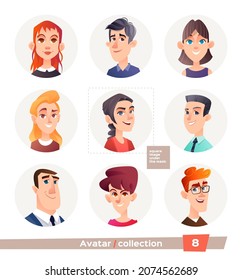 Colección de avatares, gente. Un conjunto de caras de usuario para un foro web o una cuenta. Iconos de hombres y mujeres.