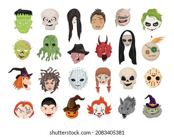 A collection of avatars of popular characters. Halloween fantasy character heads. Illustration for creating stickers.