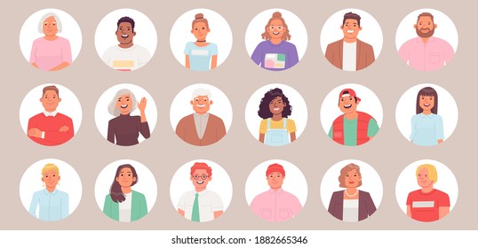 Collection of avatars. A set of portraits of people in a round frame. Men and women of different ages. Vector illustration in flat style