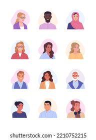 Collection of avatars. Vector cartoon illustration of portraits of diverse smiling business people of different ages and ethnicities. Isolated on white