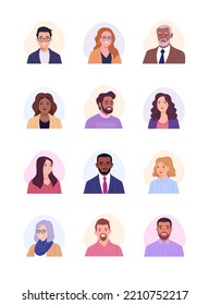 Collection of avatars. Vector cartoon illustration of portraits of diverse smiling business people of different ages and ethnicities. Isolated on white