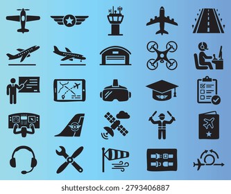 Collection of aviation and technology icons including airplanes drones and educational symbols