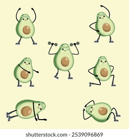 Collection of avocado characters, healthy lifestyle