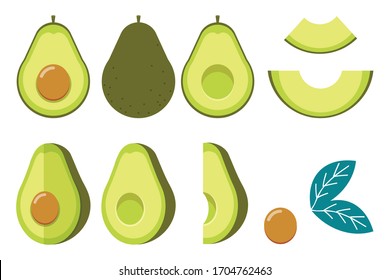 The collection of avocado full ,slice, seed and leaf in flat vector style. set of avocado.