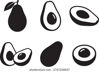 A collection of avocado silhouettes featuring whole avocados, halved avocado with seed, and sliced variations in black vector style. This icon set represents healthy food, organic fruits, superfoods, and natural ingredients. Perfect for grocery branding, food packaging, vegan concepts, restaurant menus, and healthy lifestyle designs.