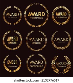 Collection of award sign with laurel wreath on black background