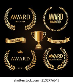 Collection of award sign with laurel wreath on black background