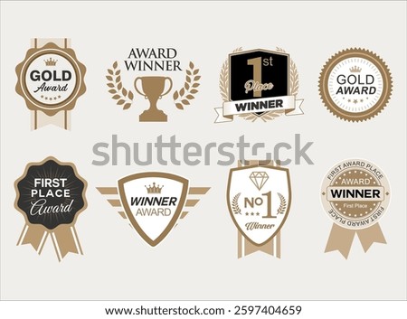 Collection of award and trophy badges first place winner badges retro badges