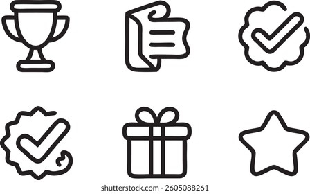Collection of award, verified, gift, and star icons in outline style