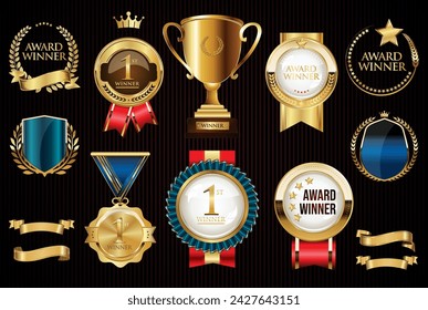 Collection of Awards icon medal laurel wreath trophy and ribbon vector illustration