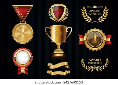 Collection of Awards icon medal laurel wreath trophy and ribbon vector illustration