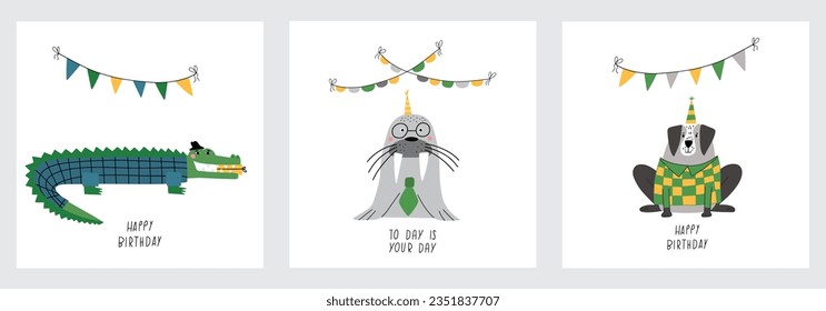 Collection of awesome card with cute animals in birthday  hats, children's birthday party. Funny crocodile or alligator in suit, Walrus in tie, Dog in sweater. Vector cards with nice animals.