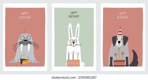 Collection of awesome cards with cute animals in birthday  hats. Children's birthday party. Funny Walrus with pie of cake, White hare and Dog with big birthday cakes. Vector cards with nice animals. 