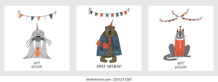 Collection of awesome cute animals in birthday  hats. Children's birthday party. Funny bear in coat, Walrus with tie, Cat in dress. Collection of vector cards with nice animals. EPS 10