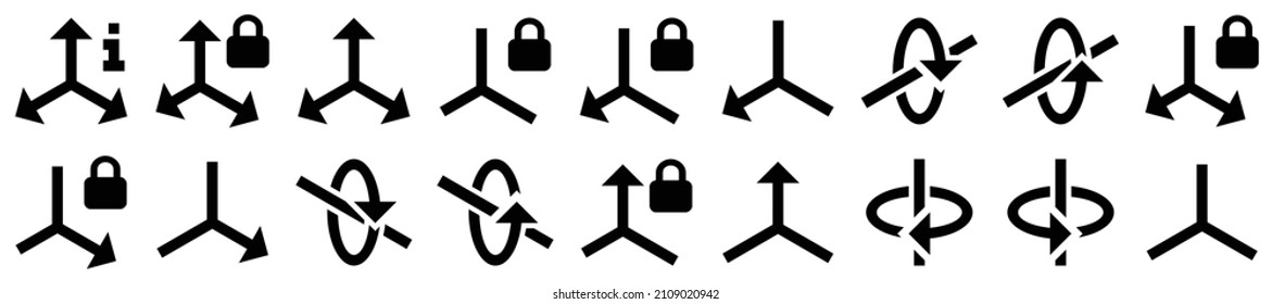 Colección de iconos de flecha de eje. Conjunto de iconos plano negro aislado en fondo blanco