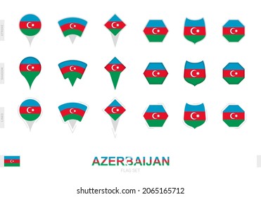 Collection of the Azerbaijan flag in different shapes and with three different effects. Vector flag set.