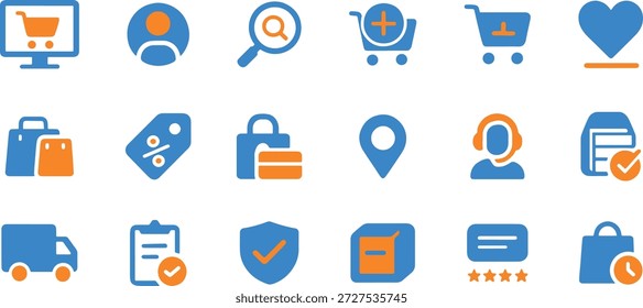 Collection of B2C blue and orange e-commerce and retail vector icons for various digital platforms