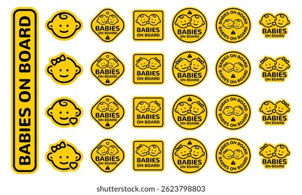 A Collection of Babies on Board Sticker in Black and Yellow. Child Car Safety Adhesive. Warning Sign