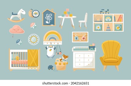 Collection baby bedroom furniture for children room interior. Set child nursery furnishings with toddler bed, toys, armchair, chest of drawers, table with chair, shelves with playtoys flat vector