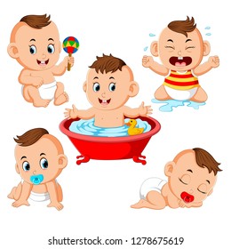 the collection of the baby boy doing the activities with different expression