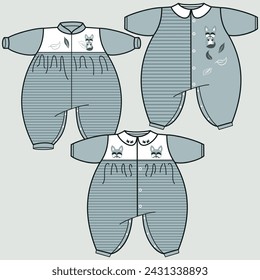 collection of baby boy, girl and unisex clothing, some with colors and textures in a pattern with block cuts, suggestive graphics for patch or print, flat or technical lines for fashion design.