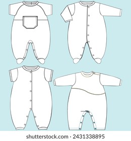 collection of baby boy, girl and unisex clothing, some with colors and textures in a pattern with block cuts, suggestive graphics for patch or print, flat or technical lines for fashion design.
