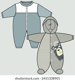 collection of baby boy, girl and unisex clothing, some with colors and textures in a pattern with block cuts, suggestive graphics for patch or print, flat or technical lines for fashion design.