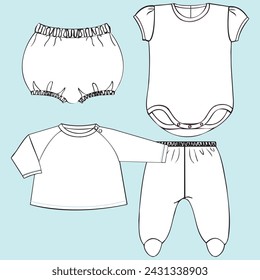 collection of baby boy, girl and unisex clothing, some with colors and textures in a pattern with block cuts, suggestive graphics for patch or print, flat or technical lines for fashion design.