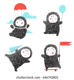 Collection of Baby Character Activities Play Games. Childish cartoon kids collection hand drawn scribbled. Vector illustration