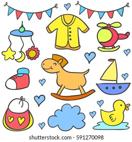 Collection of baby colorful various object doodles