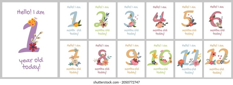 Collection of Baby Cute Milestone Cards with Numbers in Pastel Colors. Babys First 12 Months. First year Baby Shower Gifts. Set of Hand Drawn Flat Cartoon Vector Illustrations