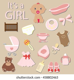 collection of baby elements to care for a newborn girl.  Set of sticker label stripe to decorate  album or scrapbook. Cute vector illustration. Template for greeting card baby shower or arrival