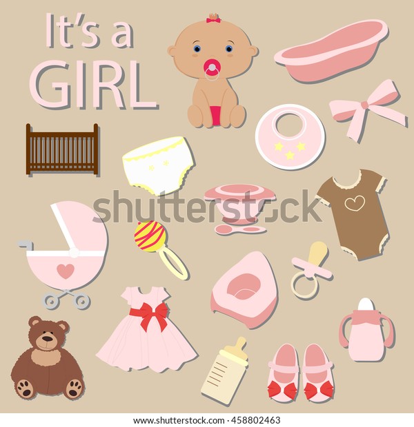 Collection Baby Elements Care Newborn Girl Stock Vector Royalty