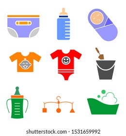 Collection of baby elements of various colors. toys and clothes icon. baby equipment and care against a white background. Vector illustration.
