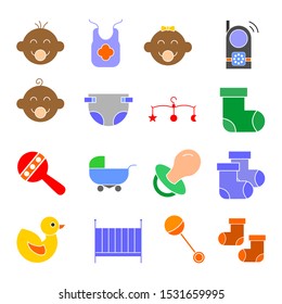 Collection of baby elements of various colors. toys and clothes icon. baby equipment and care against a white background. Vector illustration.