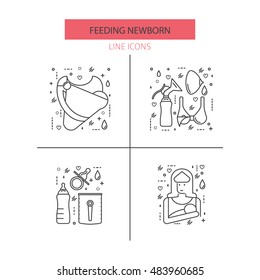 Collection of baby feeding design elements.Perfect modern design element for flyer, banner,  card. Line style vector.