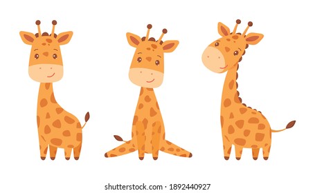 Collection of baby giraffes. Animals of Africa. Wildlife. Vector illustration of cute happy giraffe in cartoon style isolated on white background. - Shutterstock ID 1892440927