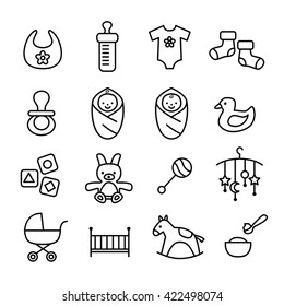 Collection of baby icons - kids, toys, accessories. Modern, thin lines design style.