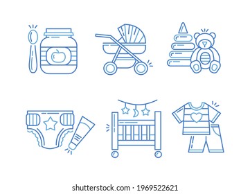 Collection baby icons for web.  Color lines icons for kid products. Vector illustration.